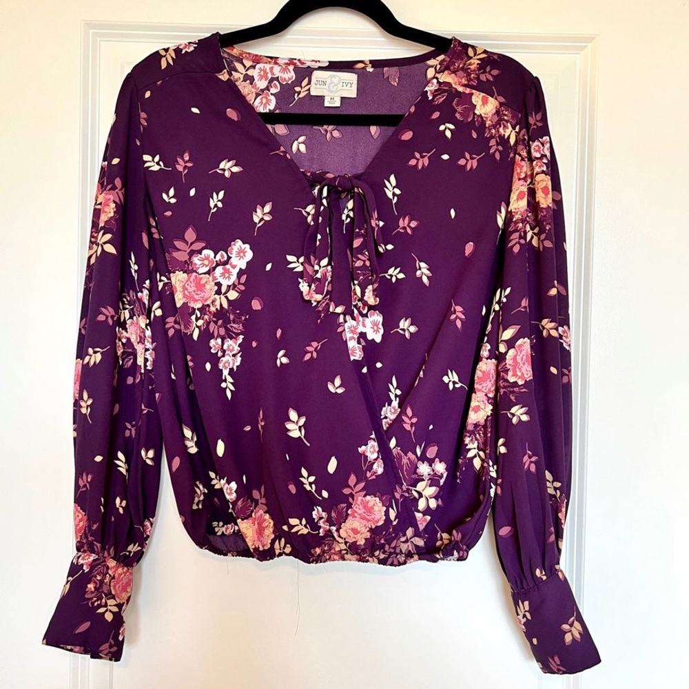 Francesca’s Floral Wine Wrap Blouse with Fitted Sleeves